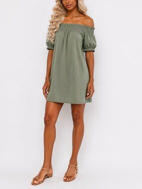 Olive Green Off-Shoulder Smocked Mini Dress Size M